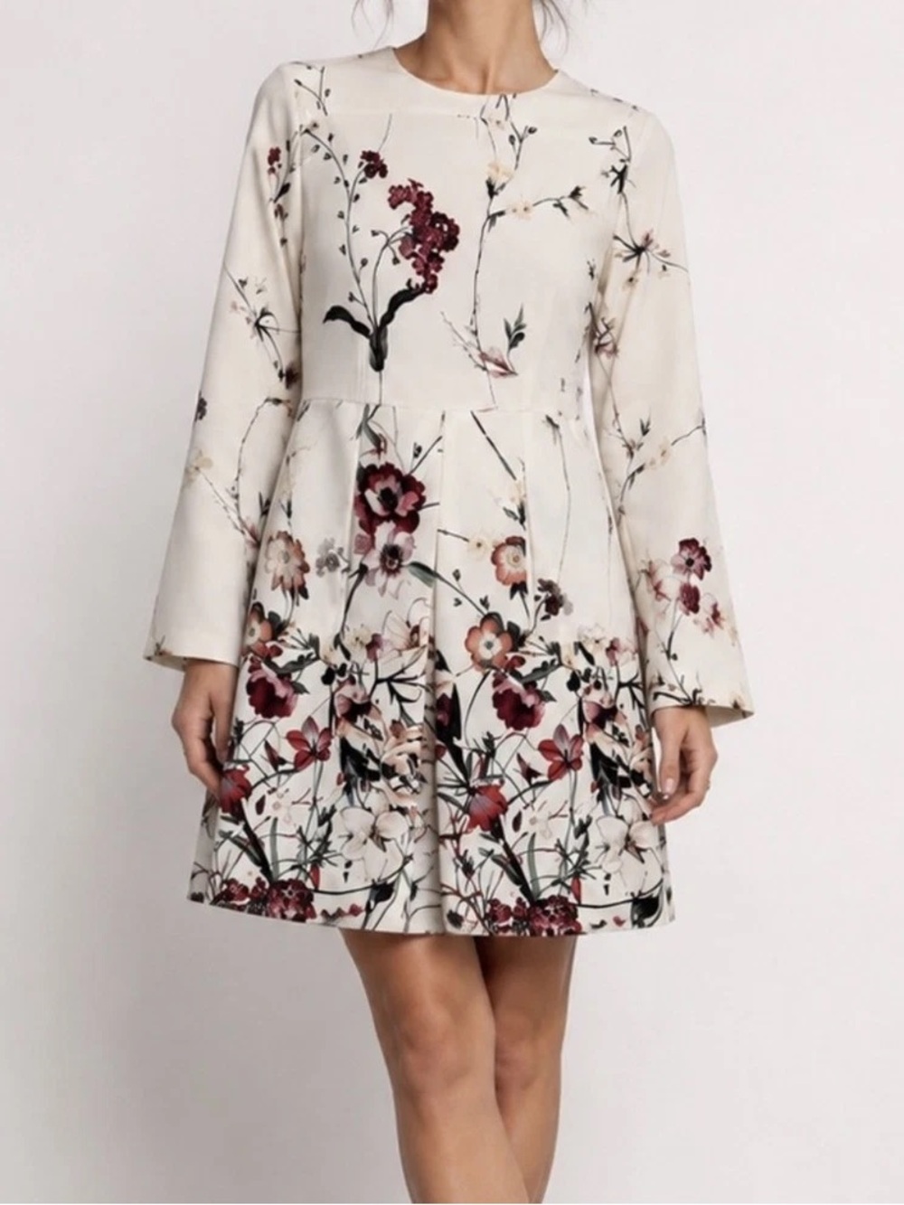 Zara Cream Long-Sleeve Floral Fit-and-Flare Dress with Burgundy Accents